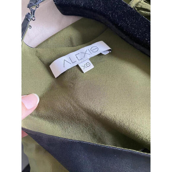 ALEXIS Olive Green Open Back Black Leather Inset Maxi Silk Dress Gown XSmall - Picture 4 of 9